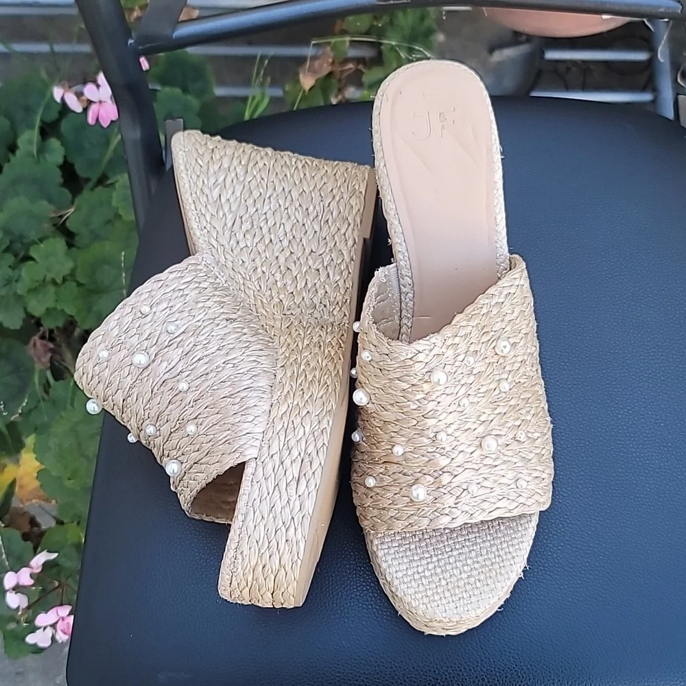 Sandals Wedge Platforms Straw Fiber  Pearl Embellished Anaya SZ 12